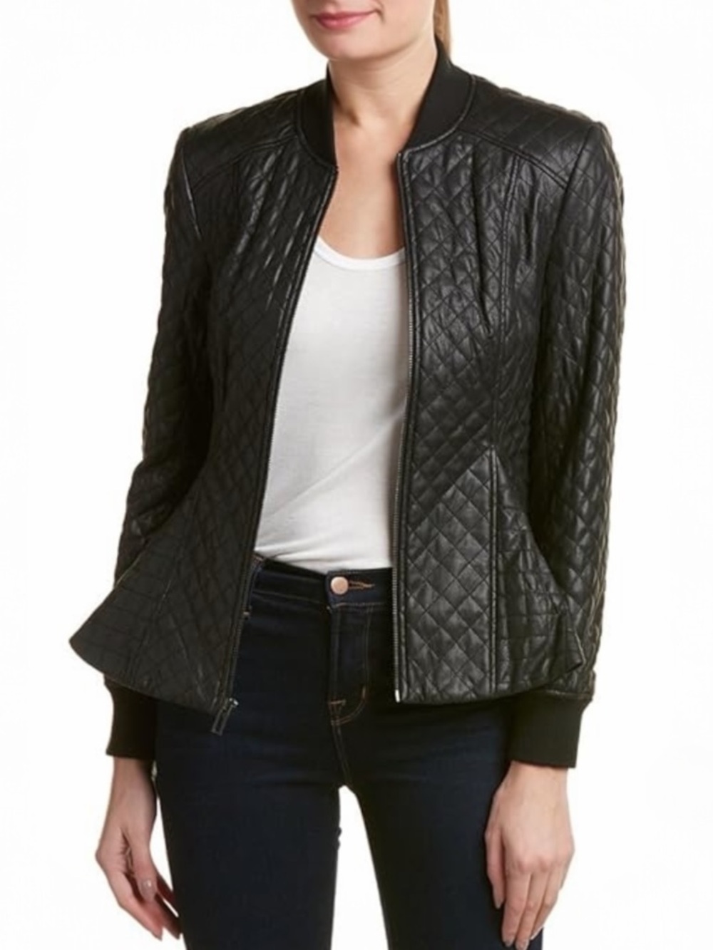 BCBGMAXAZRIA Charles Knit Quilted Women’s Peplum Faux Leather Jacket Small NEW
